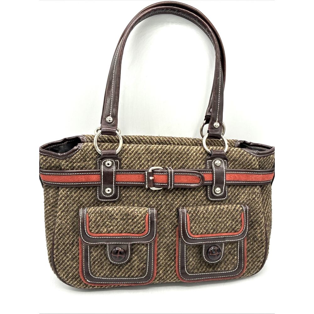 Apt 9 Tweed Herringbone Tote Bag Brown Leather Trim Rust Accent Double Pocket